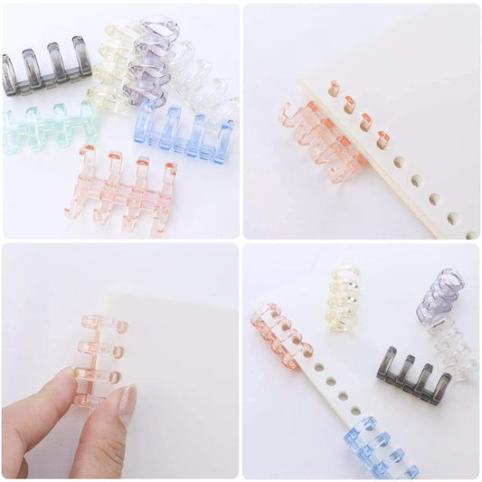 Loose-leaf binding rings on wood strip, assorted transparent colors, 7-piece set