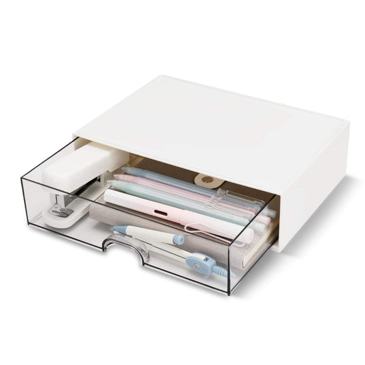 White desk drawer organizer with clear front and open top drawer