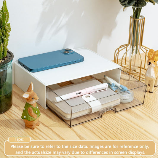 White desk drawer organizer with clear front and stacked office supplies