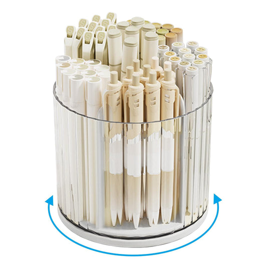 White rotating desk organizer with vertical compartments for brushes, pens, and cosmetics