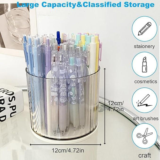 Clear rotating makeup and stationery organizer with multiple vertical slots for pens