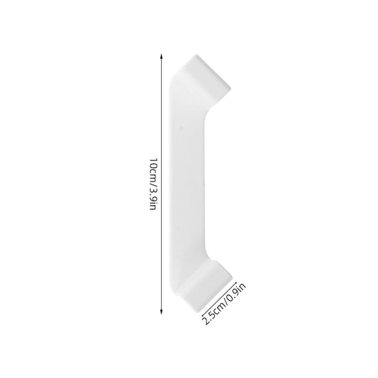 White corner clamp storage bin connector, side profile with length measurements.