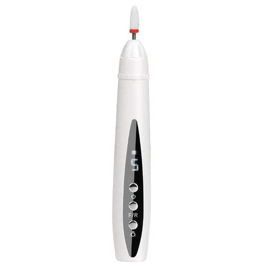 White cordless electric nail file with blue grinding bit and LCD control panel