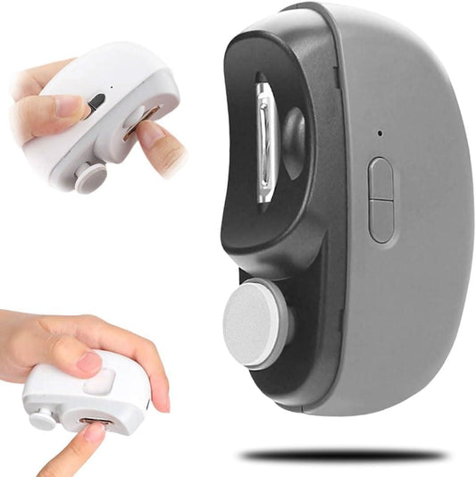 Electric nail clipper with metal trimming blade, side power button, gray body