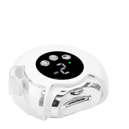 White electric nail clipper with LCD screen and metallic trimming head