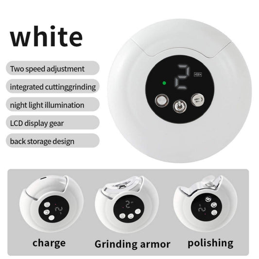 White electric nail clipper base with LCD display and control buttons