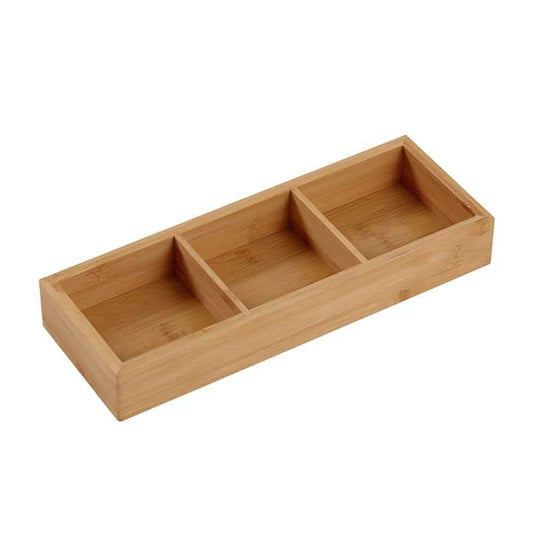 Bamboo drawer organizer tray with three compartments for cutlery or tools, light wood