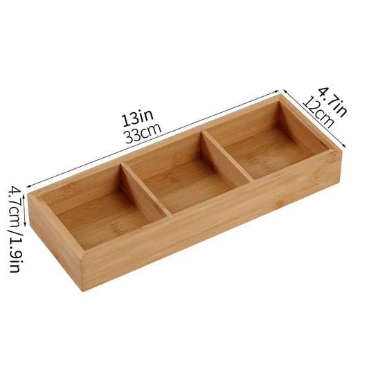 Bamboo drawer organizer tray with three divided slots, light wood finish