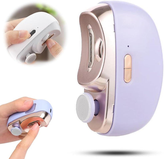Purple electric nail clipper with trimming opening and polishing disc, cordless design