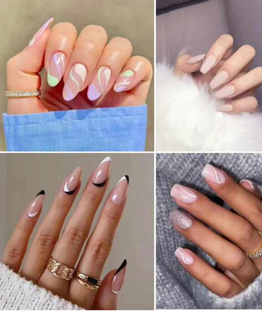 Set of press-on nails in pastel and dark shades on hands with long almond tips