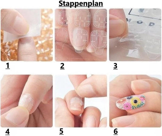 Nail sticker application guide showing clear press-on nail pieces on fingers