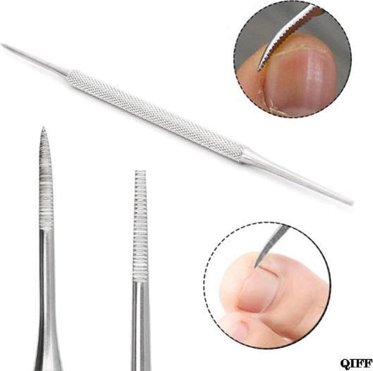 Stainless steel toenail file with textured edge and pointed lifter tip