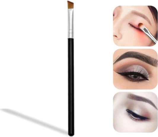 Eyeshadow shading brush with angled brown bristles on black handle and silver ferrule.
