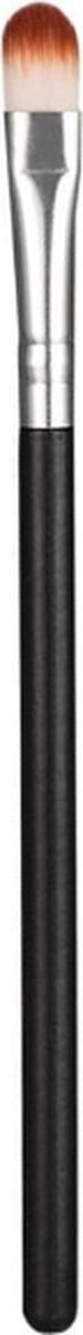 Eyeshadow brush close-up: brown bristles on silver ferrule with black handle.