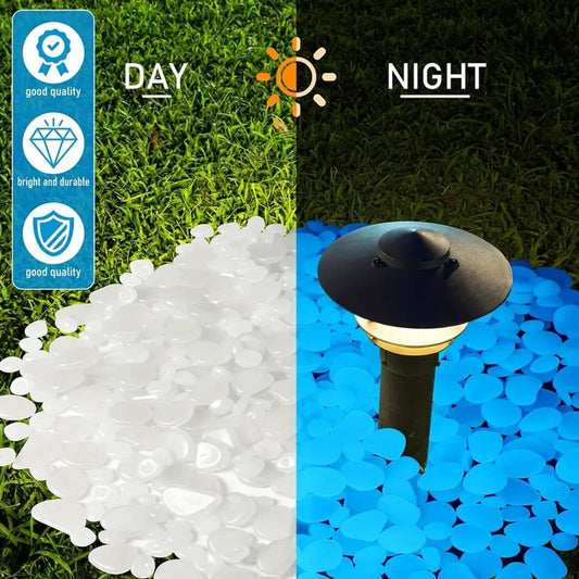 Glow-in-the-dark decorative stones, white round pebbles with blue glow