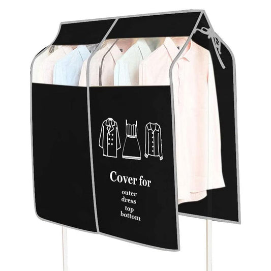 Black hanging garment cover with clear window and clothing icons on front panel
