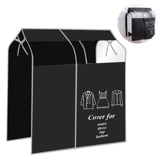 Black dustproof hanging closet cover with three front hanging sections and icons