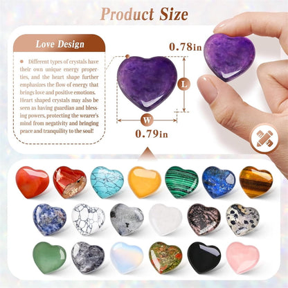 20Pcs Heart Crystals Stones,Love Shaped Polished Stones,Natural Rose Quartz Crystals Amethyst Tiger Eye Chakra Rocks,Energy Healing Gemstones,Chakra Reiki Balancing Gifts