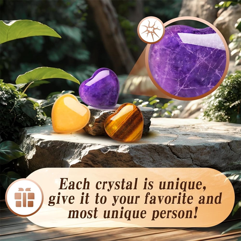 20Pcs Heart Crystals Stones,Love Shaped Polished Stones,Natural Rose Quartz Crystals Amethyst Tiger Eye Chakra Rocks,Energy Healing Gemstones,Chakra Reiki Balancing Gifts