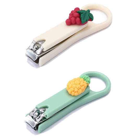 Fruit charm nail clippers with pale cream and mint handles, metal cutters