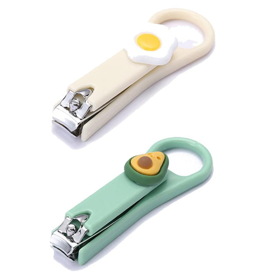 Two fingernail clippers with cream and mint handles, curved finger-ring grips.