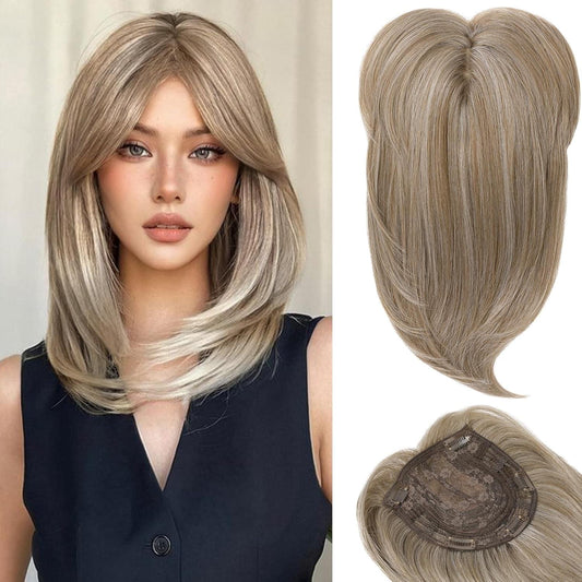 Long layered hair topper with bangs, gray and warm brown, slightly curled ends.