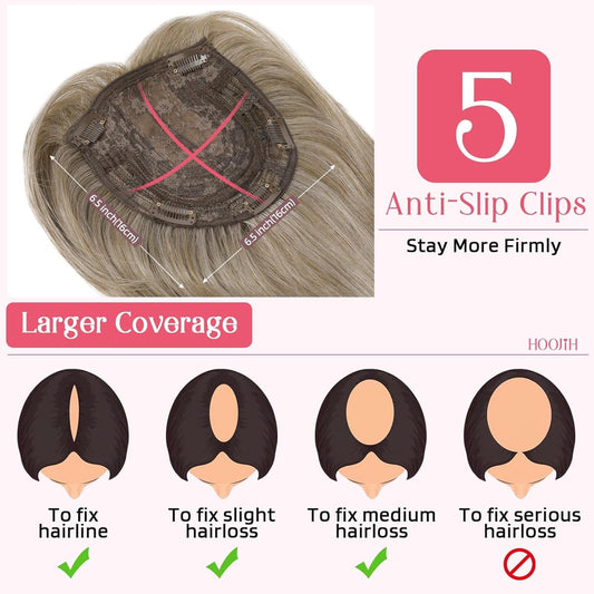 Hair topper underside with rose-net base and anti-slip clips, gray and warm brown.