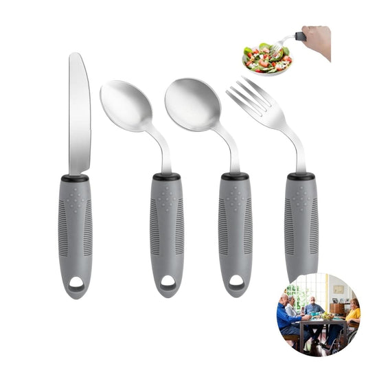 Adaptive weighted utensil set: angled spoon, fork, and knife with gray textured grips