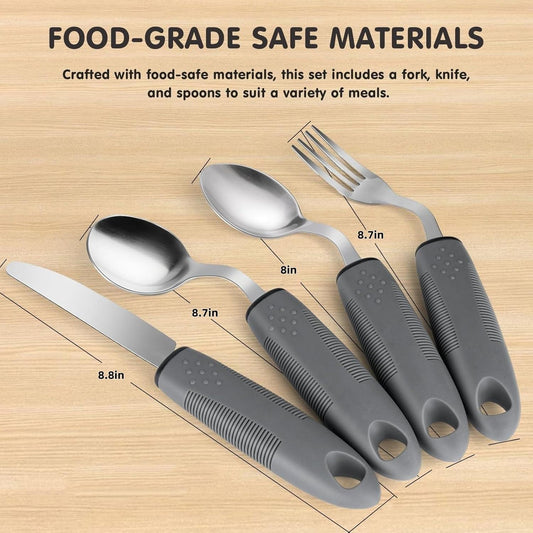 Set of adaptive utensils with angled spoon, fork, and knife; silver heads, gray grips