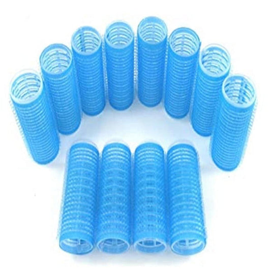 Blue self-grip hair curlers, ribbed foam rollers in a 12-piece set