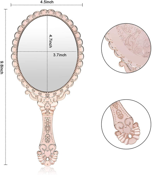Rose gold oval handheld mirror with embossed pattern, side handle, and decorative tassel