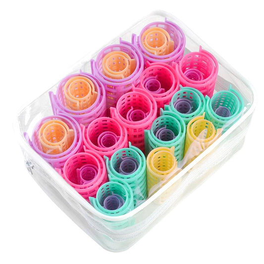 Plastic snap hair rollers in assorted pink, purple, green, and orange in a clear box