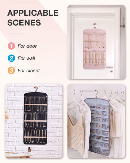 Hanging Jewelry Organizer Necklace Holder Anti-tangle Earrings Rings Hanger with 20 Jewelry Bags Travel Storage Roll with Pockets Hang on Closet, Wall, Door,1 Piece, Large, Black