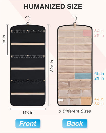 Hanging Jewelry Organizer Necklace Holder Anti-tangle Earrings Rings Hanger with 20 Jewelry Bags Travel Storage Roll with Pockets Hang on Closet, Wall, Door,1 Piece, Large, Black