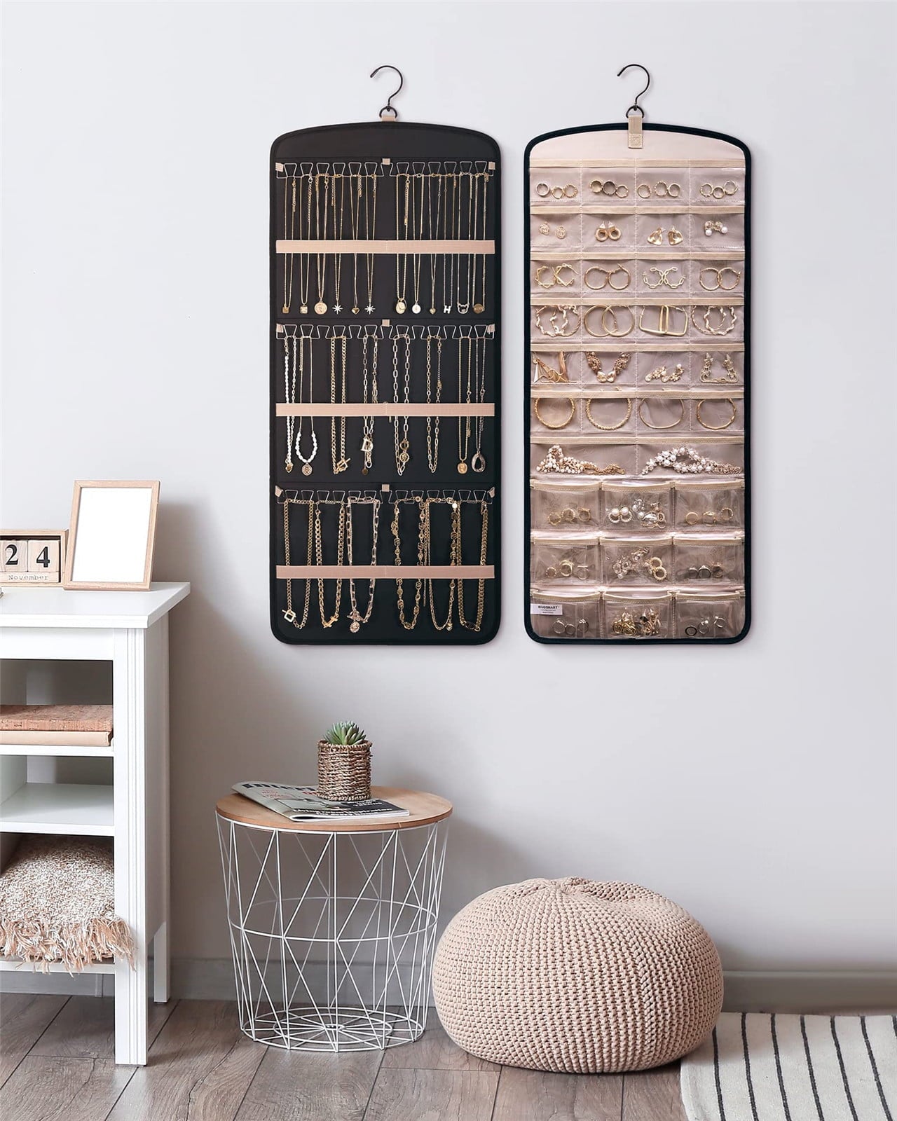 Hanging Jewelry Organizer Necklace Holder Anti-tangle Earrings Rings Hanger with 20 Jewelry Bags Travel Storage Roll with Pockets Hang on Closet, Wall, Door,1 Piece, Large, Black