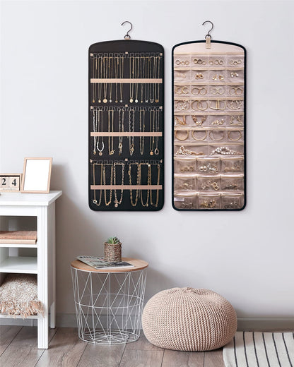 Hanging Jewelry Organizer Necklace Holder Anti-tangle Earrings Rings Hanger with 20 Jewelry Bags Travel Storage Roll with Pockets Hang on Closet, Wall, Door,1 Piece, Large, Black