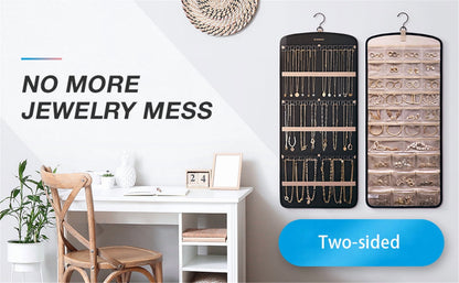 Hanging Jewelry Organizer Necklace Holder Anti-tangle Earrings Rings Hanger with 20 Jewelry Bags Travel Storage Roll with Pockets Hang on Closet, Wall, Door,1 Piece, Large, Black