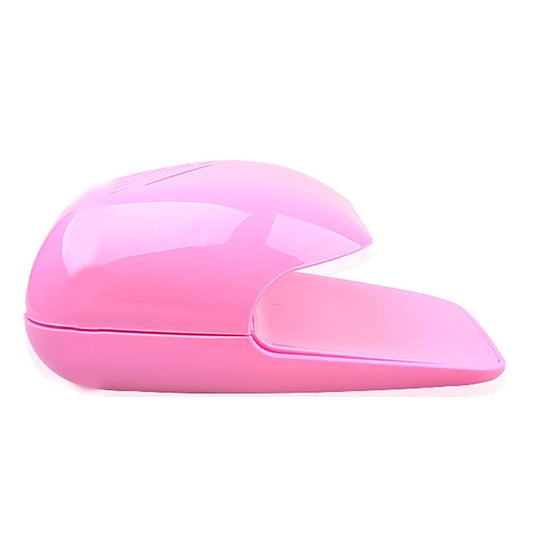 Pink portable nail polish dryer fan with curved hood and vent slots