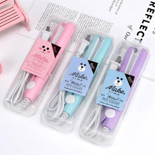 2-in-1 mini hair straightener and curler set, pink blue and purple irons