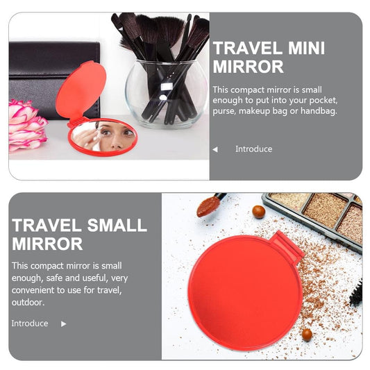 Travel mini mirror set: small red circular mirror and compact layout for on-the-go use