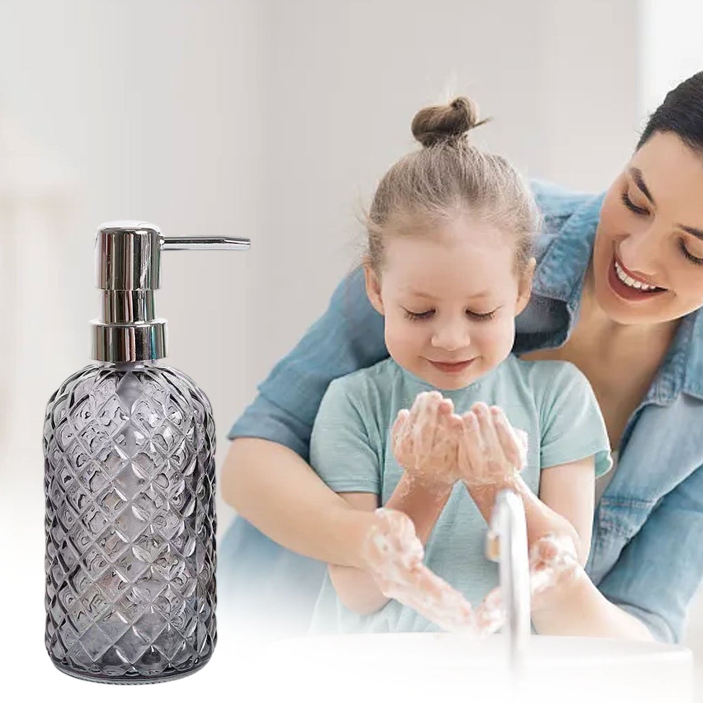 Darzheoy Glass Soap Dispenser 15 Oz for Bathroom Kitchen, Hand Soap/Lotion Dispenser with Plastic Pump Gray