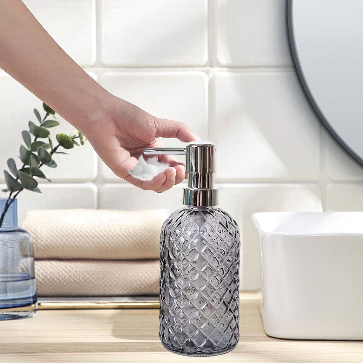 Darzheoy Glass Soap Dispenser 15 Oz for Bathroom Kitchen, Hand Soap/Lotion Dispenser with Plastic Pump Gray