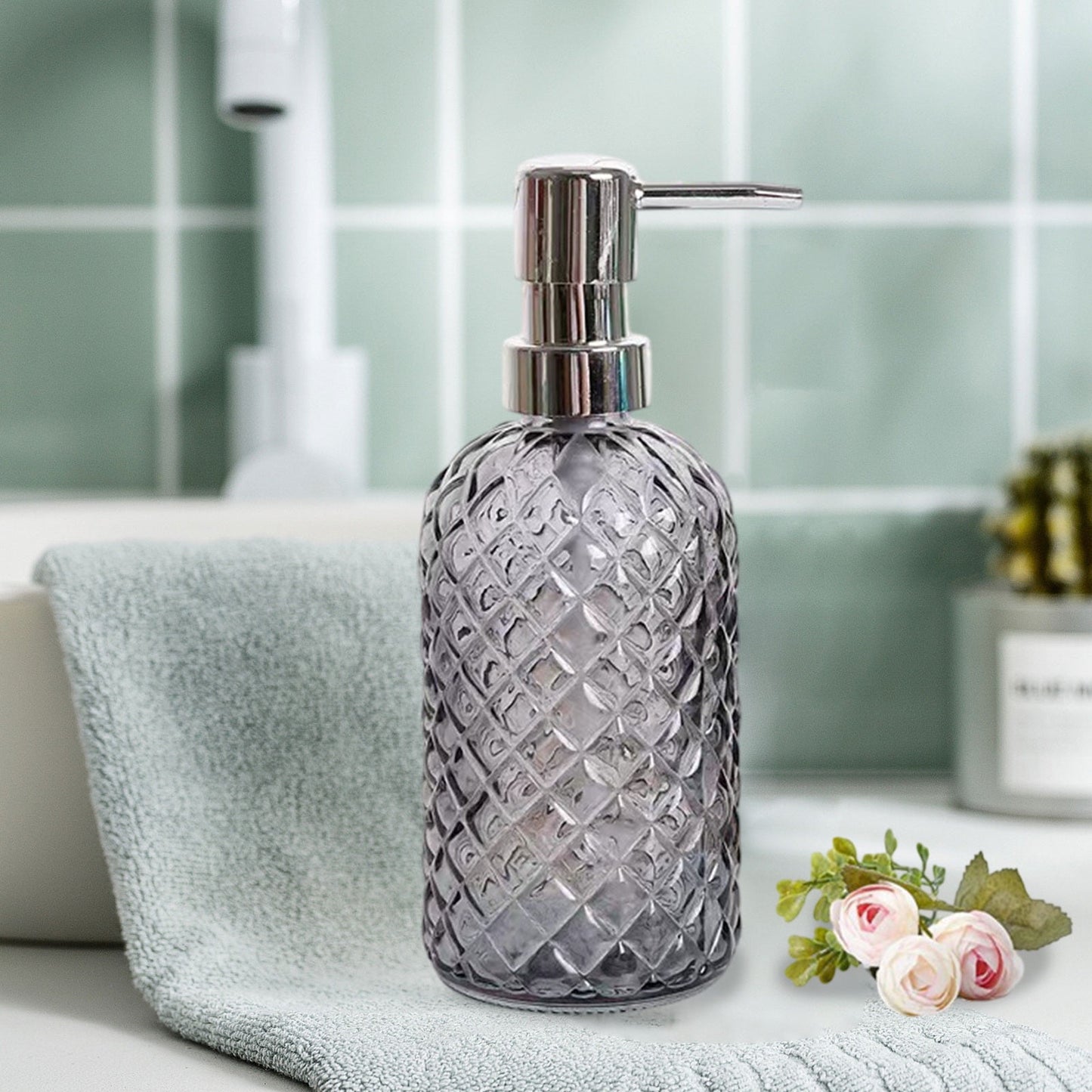 Darzheoy Glass Soap Dispenser 15 Oz for Bathroom Kitchen, Hand Soap/Lotion Dispenser with Plastic Pump Gray