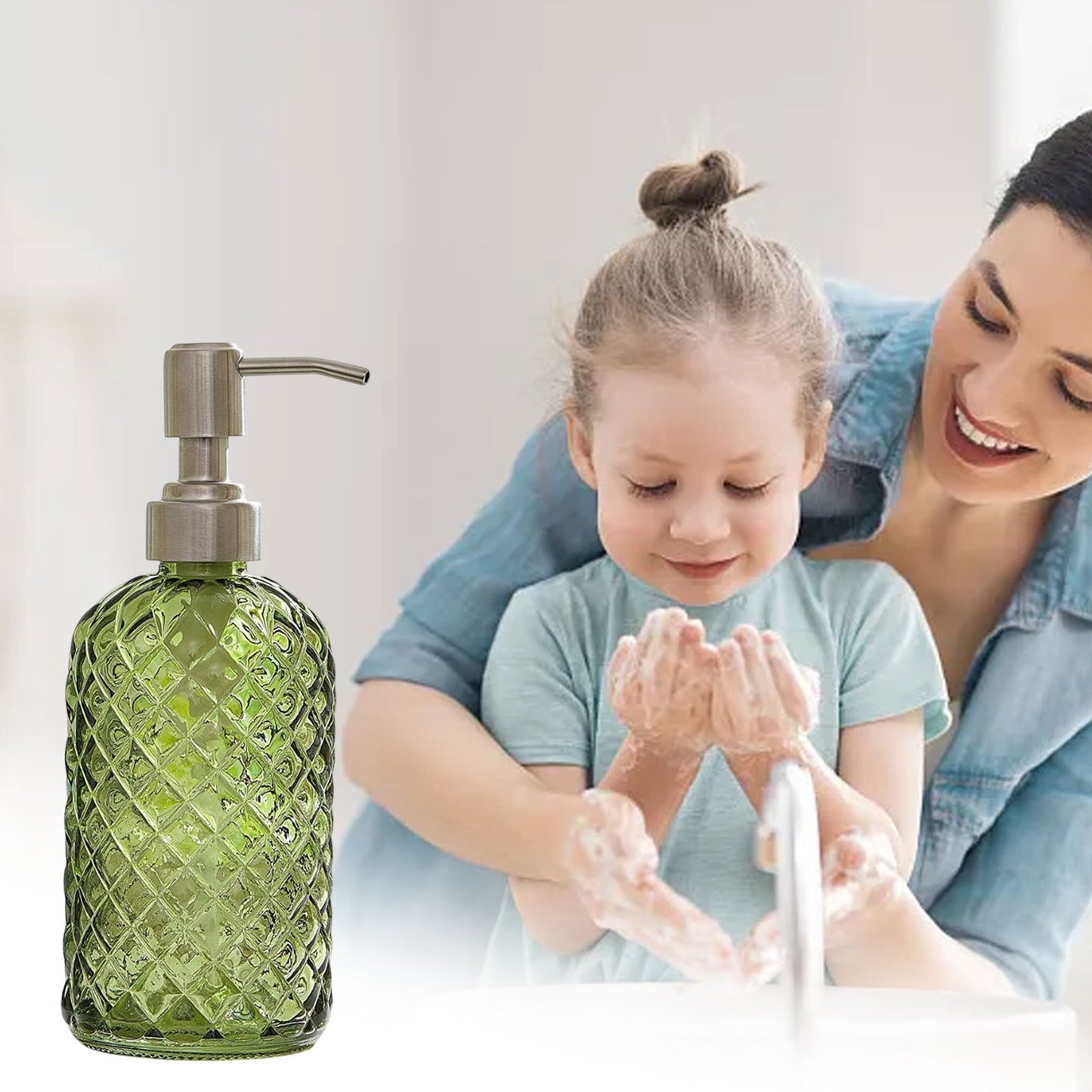 Darzheoy Glass Soap Dispenser 15 Oz for Bathroom Kitchen, Hand Soap/Lotion Dispenser with Plastic Pump Green