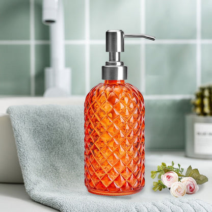 Darzheoy Glass Soap Dispenser 15 Oz for Bathroom Kitchen, Hand Soap/Lotion Dispenser with Plastic Pump Orange