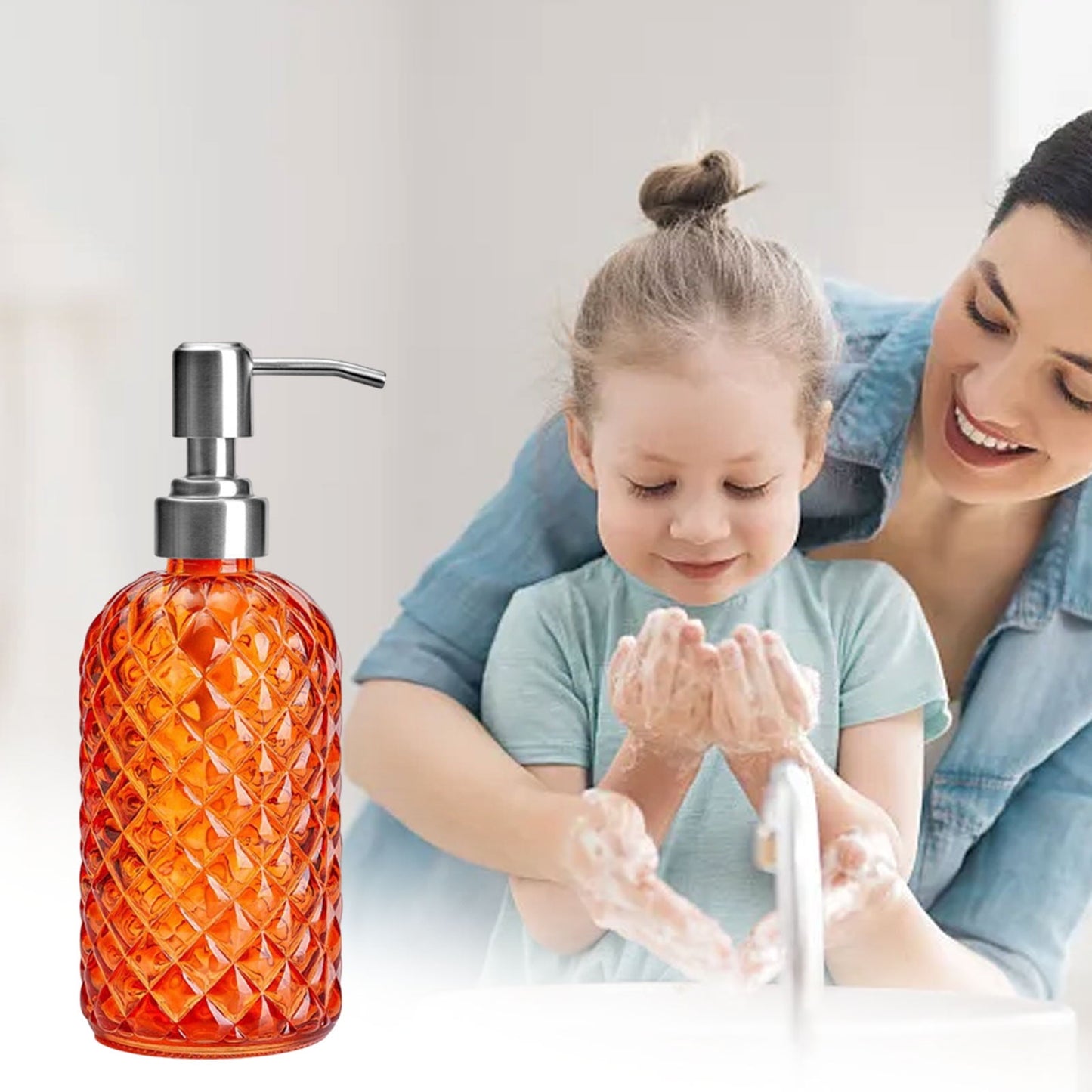 Darzheoy Glass Soap Dispenser 15 Oz for Bathroom Kitchen, Hand Soap/Lotion Dispenser with Plastic Pump Orange