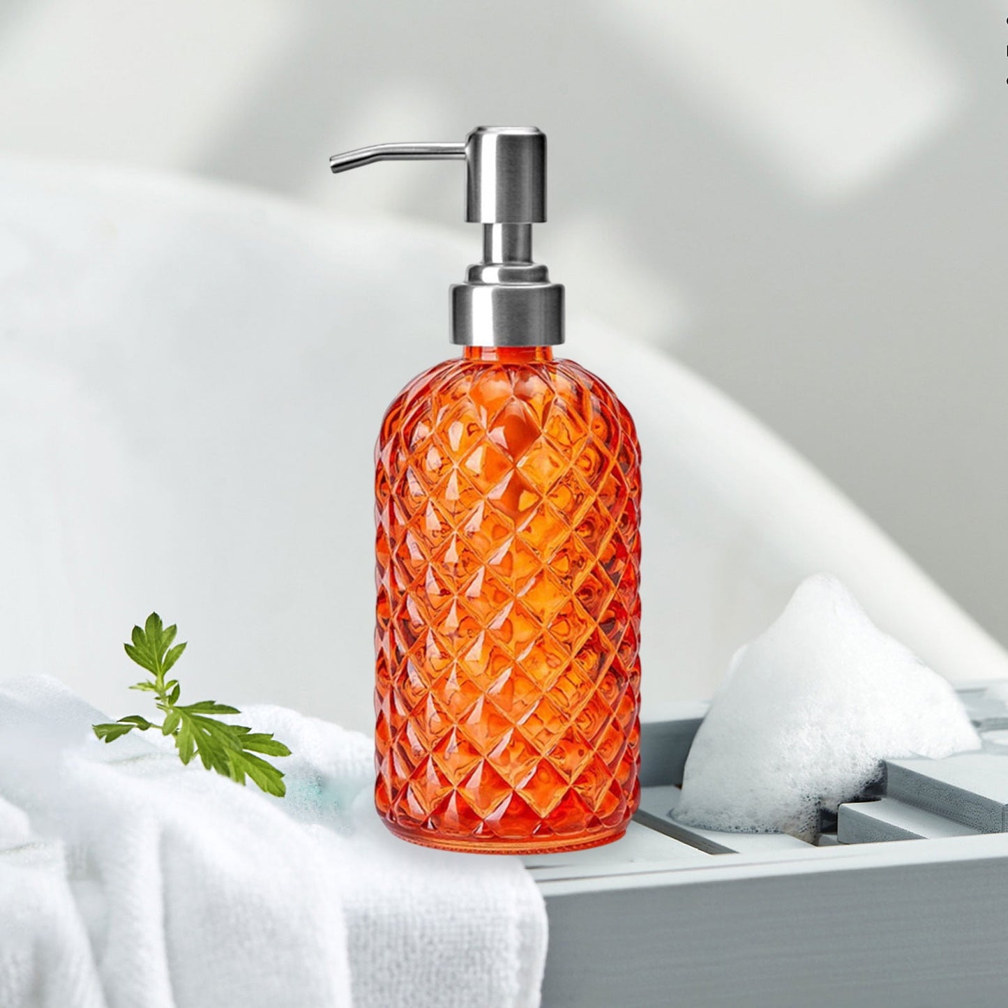 Darzheoy Glass Soap Dispenser 15 Oz for Bathroom Kitchen, Hand Soap/Lotion Dispenser with Plastic Pump Orange