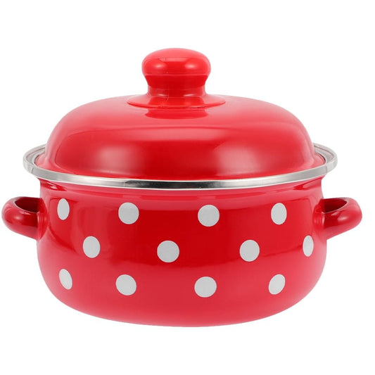 Red enamel pot with domed lid and white polka dots, side handles