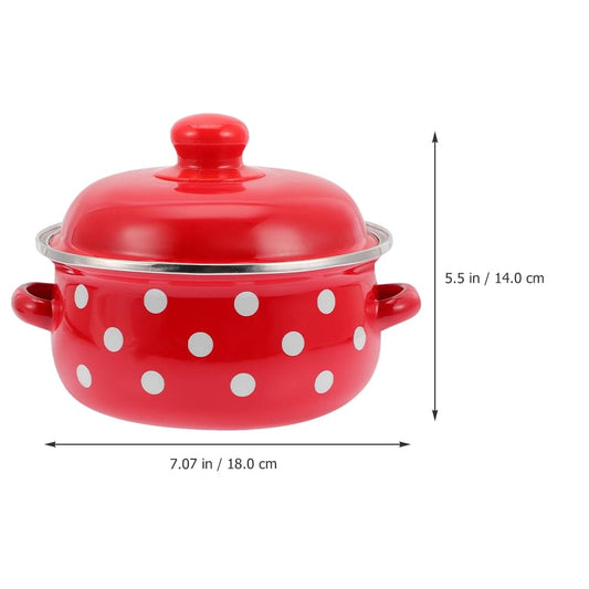 Red enamel pot with clear glass lid, white polka dots, side handles