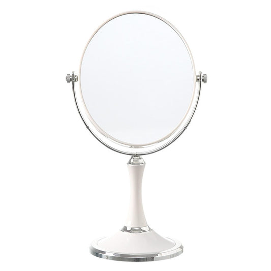 White tabletop magnifying makeup mirror with chrome stand and round double-sided glass
